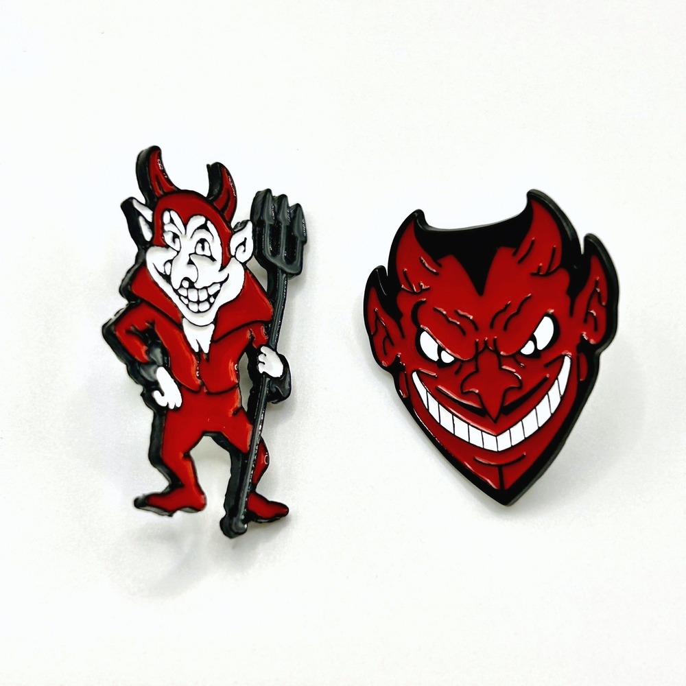 Devil Head & Full Body Enamel Pin Set Unisex Red Pitchfork Cartoon Retro Flair